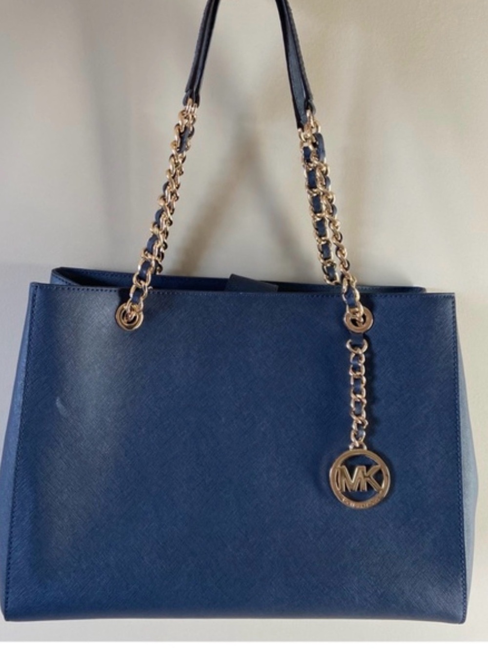 Michael Kors Blue Saffiano Leather Tote with Gold Chain Detail